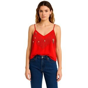 CARLA x VINTAGE fringe‎ feather wooden bead tank in cherry red size 8